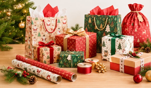 papel de embrulho, sacos e laços de natal